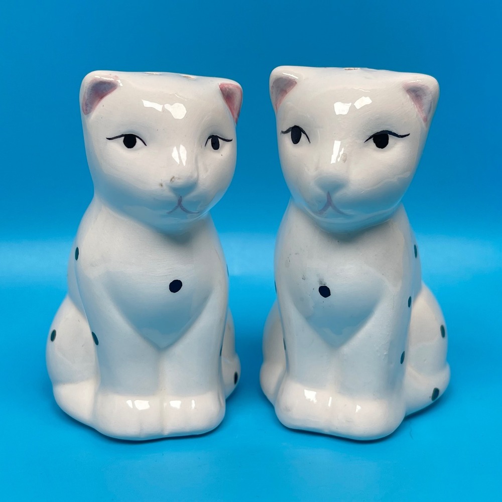 Vintage Cat Salt and Pepper Shakers Set White Black Spotted Polka Dot Ceramic
